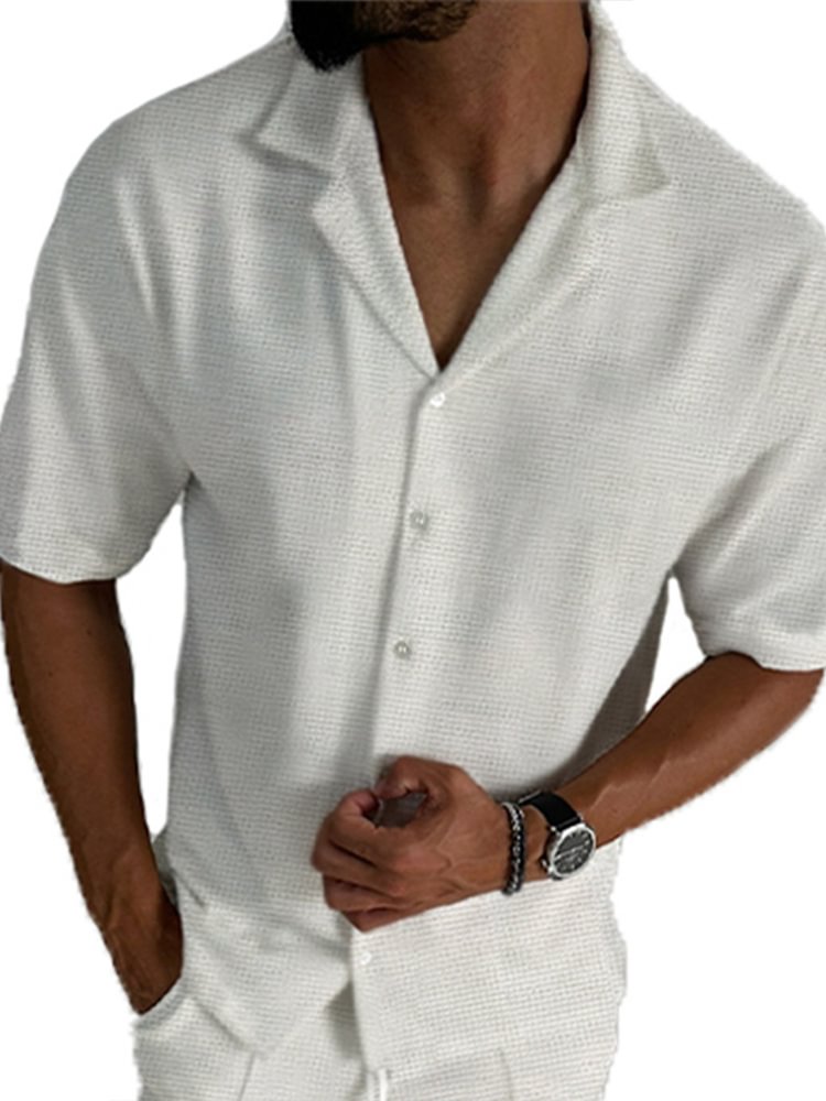 Men's Solid Color Lapel Collar Casual Short Sleeve Shirt