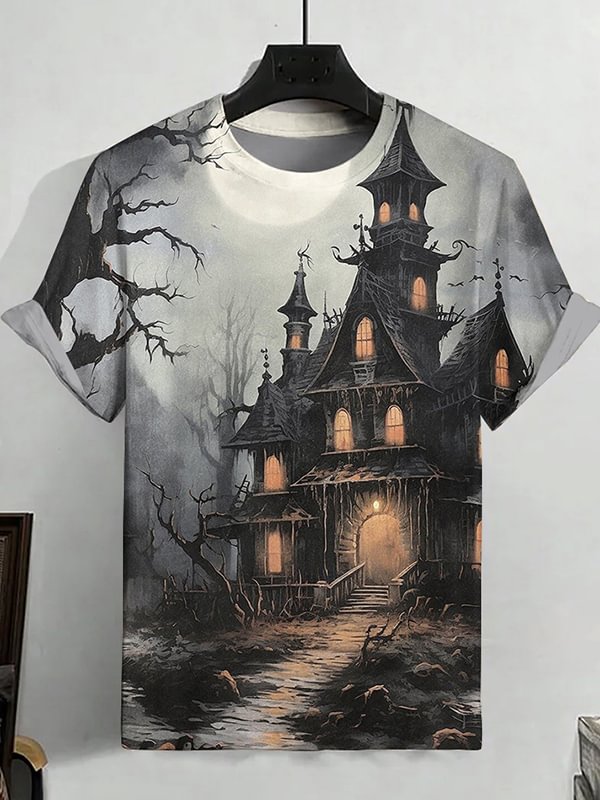 Men's Horror Halloween Haunted House Art Print T-Shirt