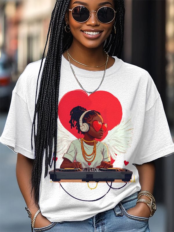 Women's Valentine's Day DJ Print Cotton Casual T-Shirt
