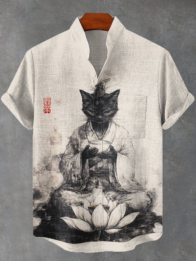 Men's Lotus Japanese Kimono Cat Tea Ink Art Print Shirt