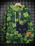 Men's St. Patrick's Day Shamrock Black Cat Print Casual Hoodie