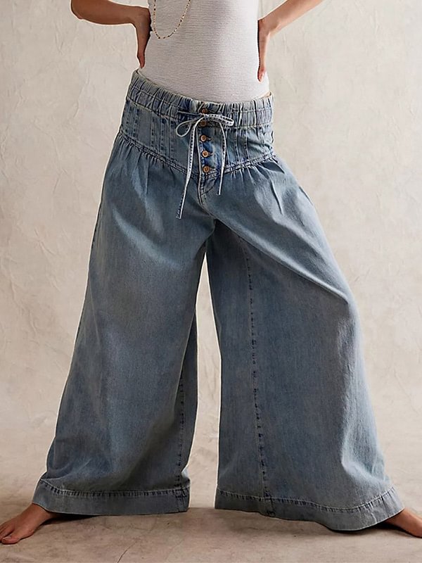 Women's Casual Elastic Drawstring Waist Buttons Loose Fit Wide-Leg Jeans