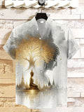 Men's Buddha's Light Print Short Sleeve Linen Blend Shirt