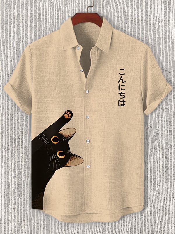 Men's Cat Says Hello Japanese Art Print Casual Shirt