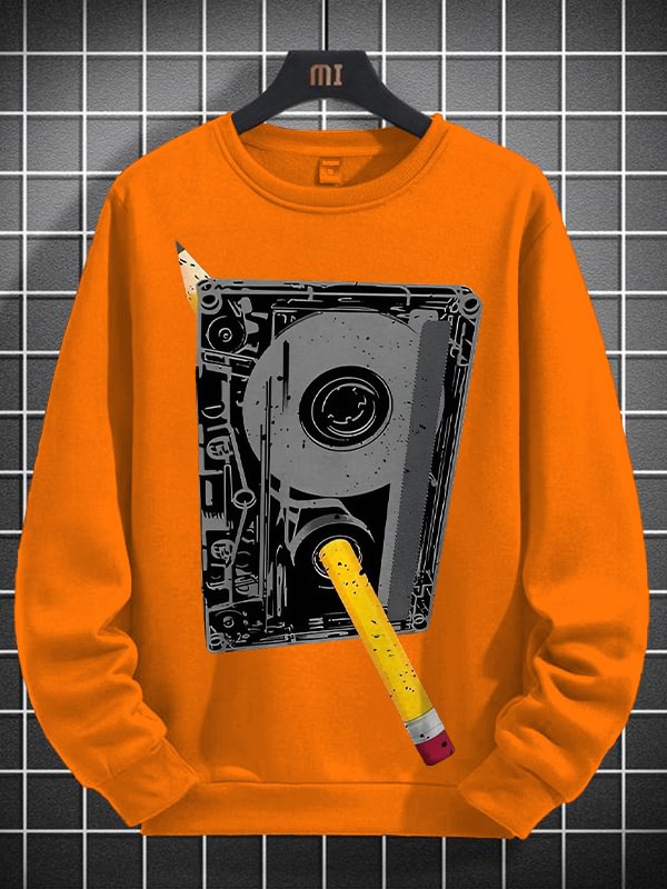 Men's Cassette Tape And Pencil Retro Art Print Cotton Long Sleeve T-Shirt Thin Sweatshirt