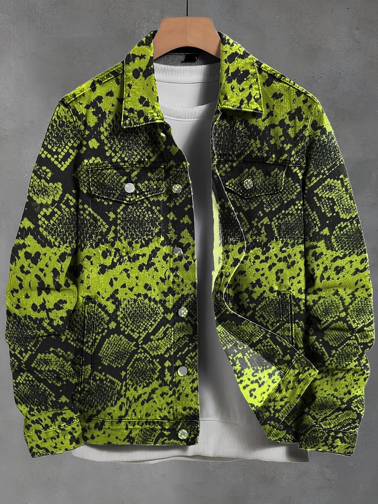 Men's Snake Year Snake Skin Print Denim-Like Long Sleeve Shirt