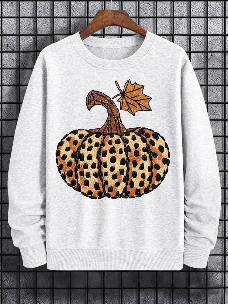 Men's Pumpkin Leopard Embroidery Print Cotton Casual Sweatshirt