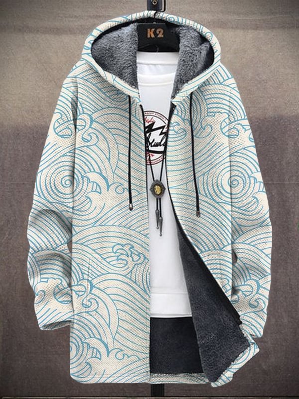 Men's Japanese Art Wave Pattern All Over Print Retro Hooded Trench Coat
