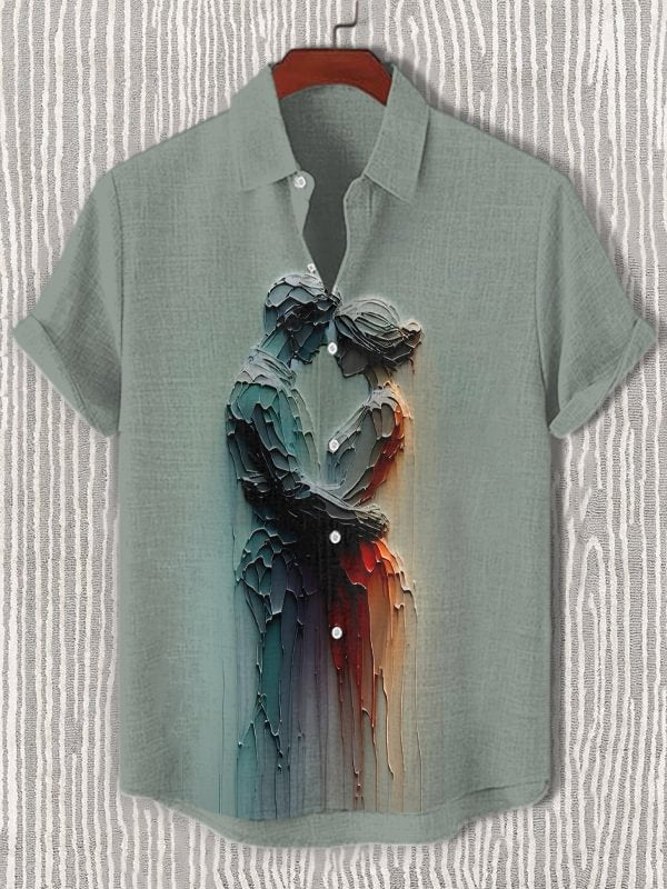 Men's Couple Oil Painting Art Print Short Sleeve Casual Shirt