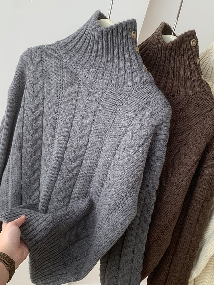 Women's Solid Color Retro High Neck Buttons Knit Pullover Sweater