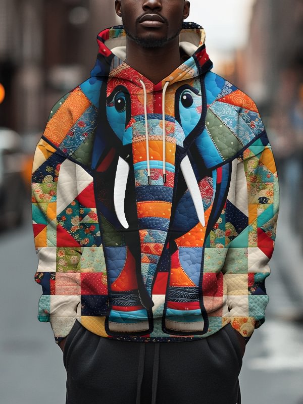 Men's Colorful Elephant Patchwork Art Print Hooded Sweatshirt