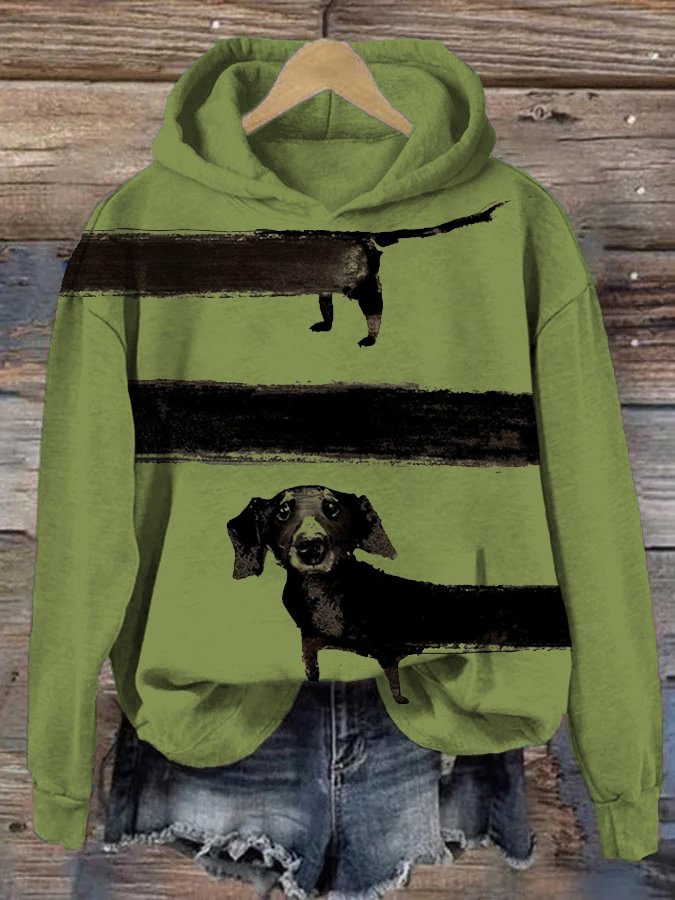 Women's Colorblock Long Black Dachshund Graphic Printed Hoodie