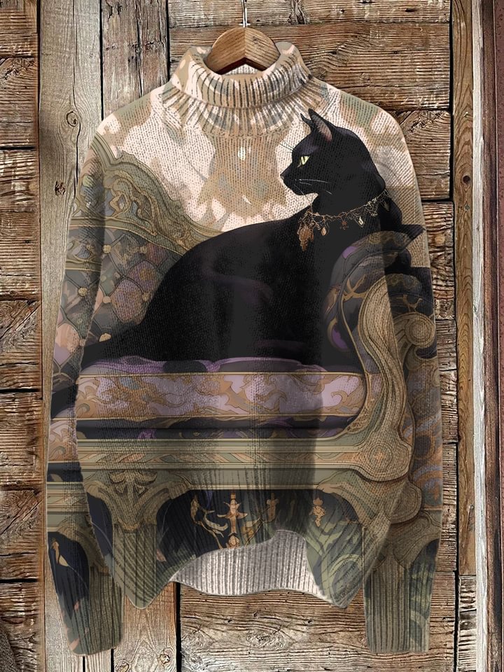 Women's Vintage Palace Style Black Cat Print High Neck Knit Sweatshirt