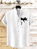 Men's Cat Lying On Pocket Art Print Linen Blend Shirt