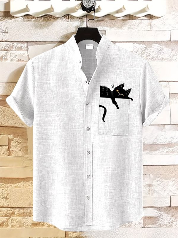 Men's Cat Lying On Pocket Art Print Linen Blend Shirt