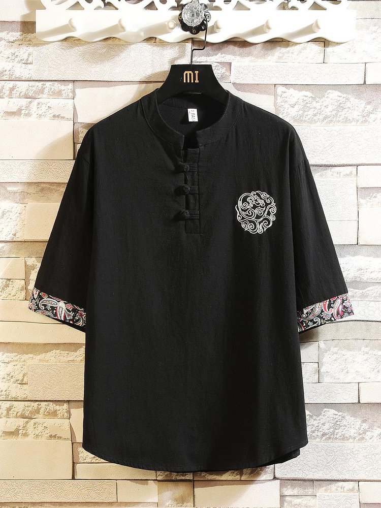 Men's Retro Paisley Pattern Cotton And Linen Short Sleeve Shirt