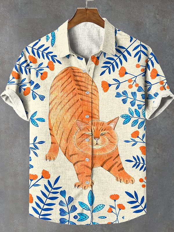 Men's Boho Lazy Summer Ginger Cat Vacation Art Print Linen Blend Shirt