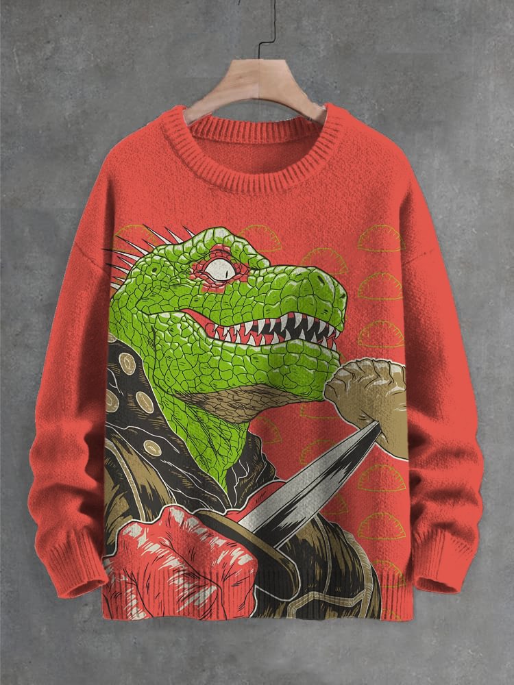 Men's Dinosaurs Eat Dumplings Art Print Knit Sweatshirt