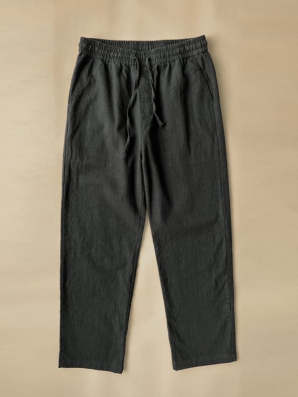 Men's Casual Solid Slant Pocket Elastic Waist Drawstring Straight-Leg Cotton Pants