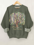 Women's Happy Mardi Gras Beaded Tree Graphic Print Cotton Long Sleeve T-Shirt Thin Sweatshirt