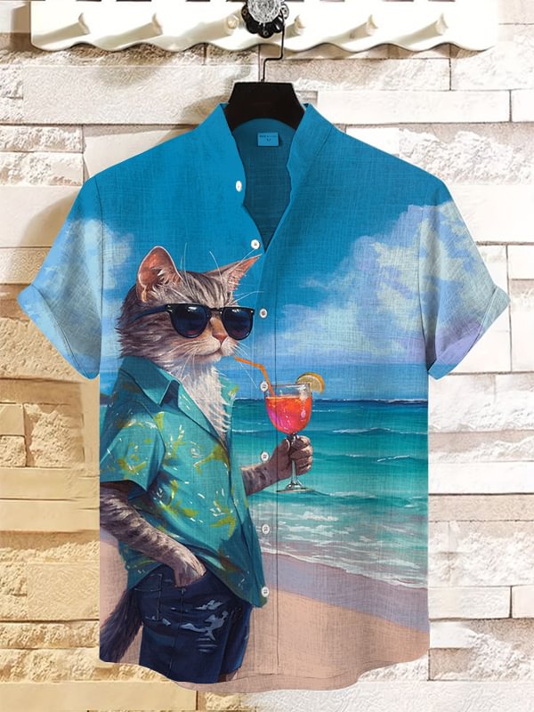 Men's Cat Relaxing On Beach Art Print Casual Shirt
