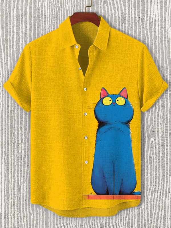 Men's Funny Cute Cat Art Graphic Print Short Sleeve Shirt