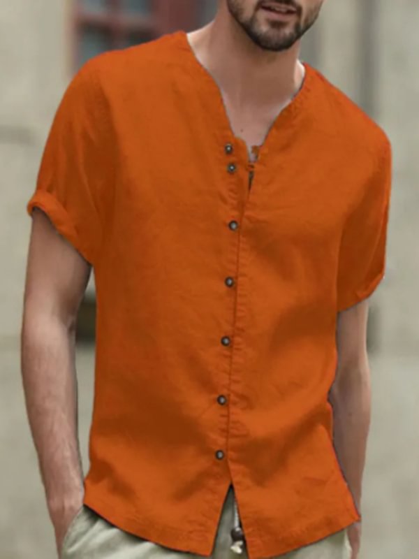 Men's Casual Button V Neck Short Sleeve Plain Linen Shirt