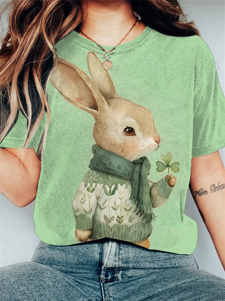 Women's Rabbit And Clover Watercolor Art Print Casual T-Shirt