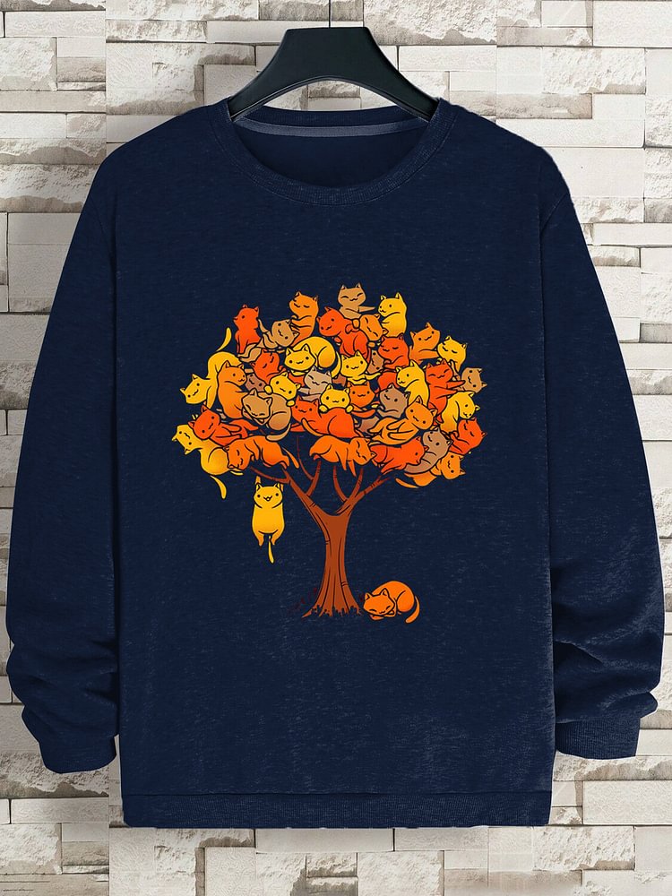 Men's A Group Of Cats On The Tree Print Cotton Casual Sweatshirt