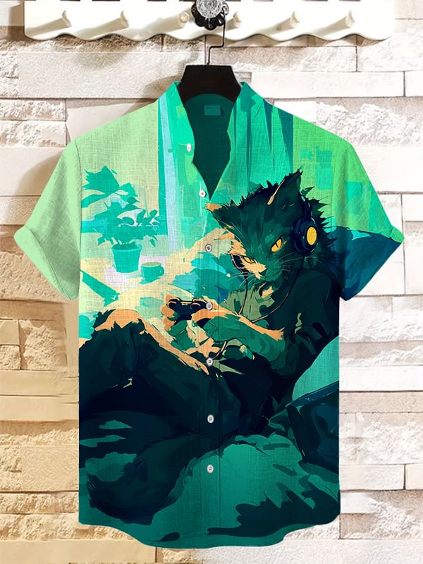 Men's Cat Love Games Print Casual Shirt