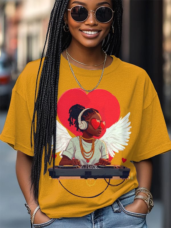 Women's Valentine's Day DJ Print Cotton Casual T-Shirt