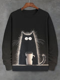 Men's Furry Black Cat Holding Coffee Print Casual Long Sleeve Sweatshirt