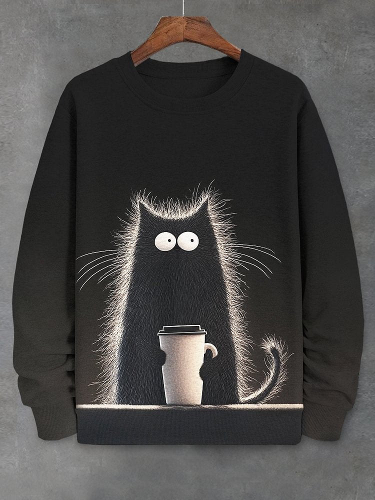 Men's Furry Black Cat Holding Coffee Print Casual Long Sleeve Sweatshirt