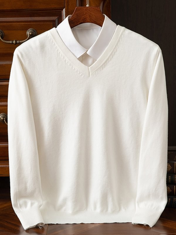 Men's Business Casual Solid Color Long Sleeve V Neck Pullover Sweater