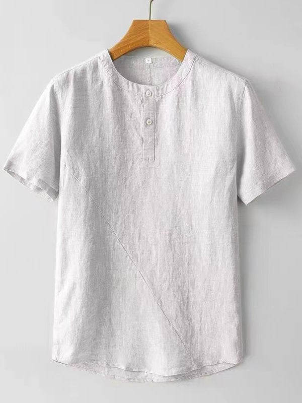 Men's Casual Plain Button Round Neck Short Sleeve Linen T-Shirt