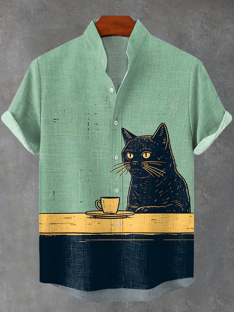 Men's Chilling Coffee Black Cat Print Casual Linen Blend Shirt