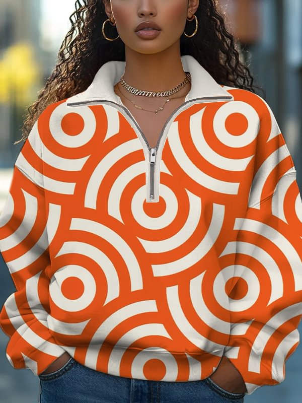 Women's Circular Abstract Geometric Pattern Print Half Zip Sweatshirt
