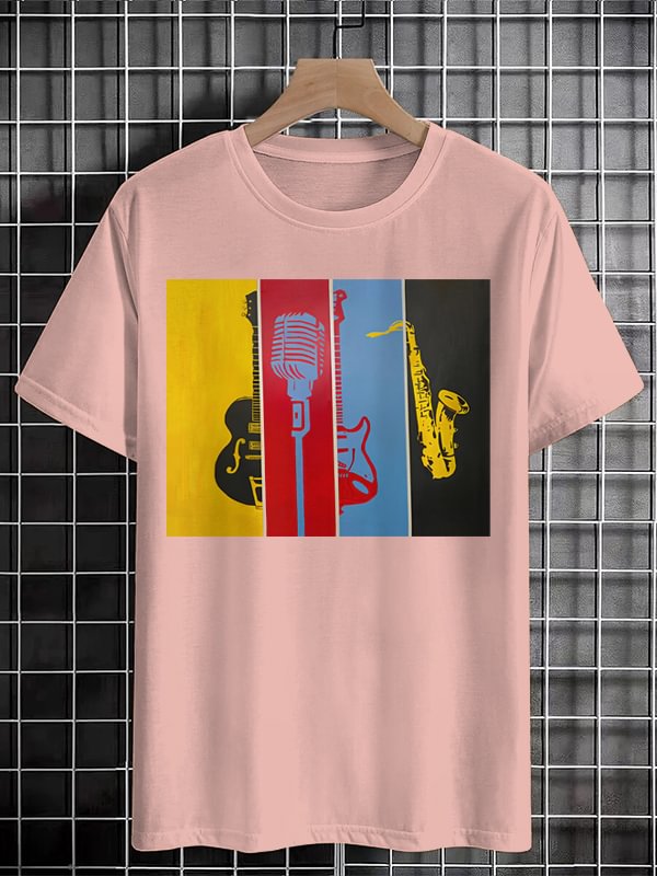 Men's Guitar Microphone Saxophone Color Block Print Cotton Casual T-Shirt