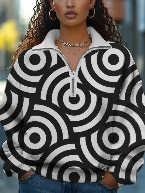 Women's Circular Abstract Geometric Pattern Print Half Zip Sweatshirt