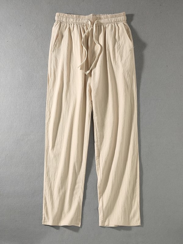Men's Drawstring Elastic Waist Pocket Cotton Linen Casual Wide Leg Pants