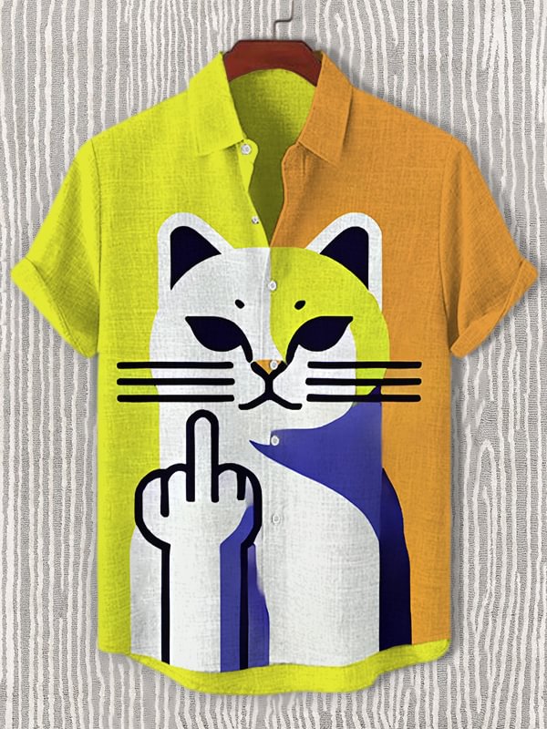 Men's Funny Cat Color Block Abstract Art Print Casual Shirt