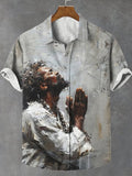 Men's Black Father Praying Oil Painting Print Linen Blend Shirt