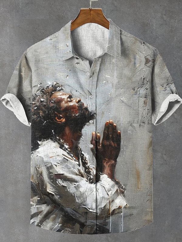 Men's Black Father Praying Oil Painting Print Linen Blend Shirt