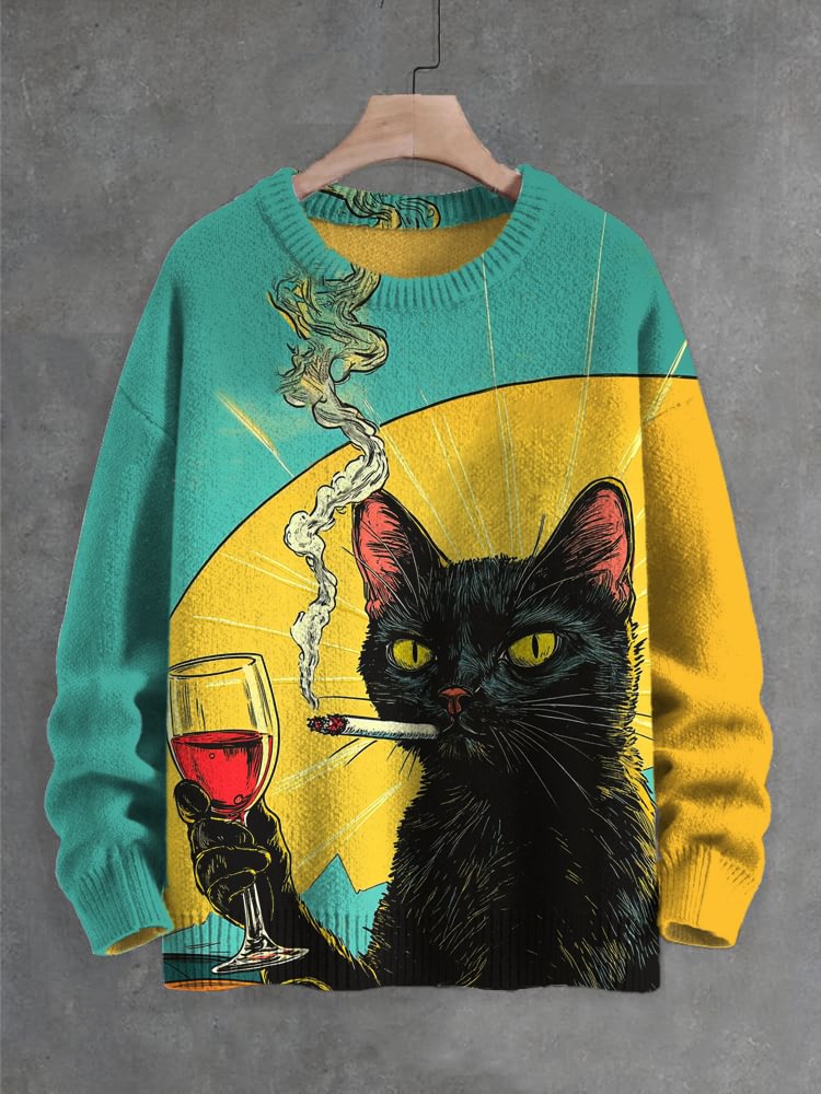 Men's Black Cat Enjoying Red Wine and Smoke Print Knit Sweatshirt