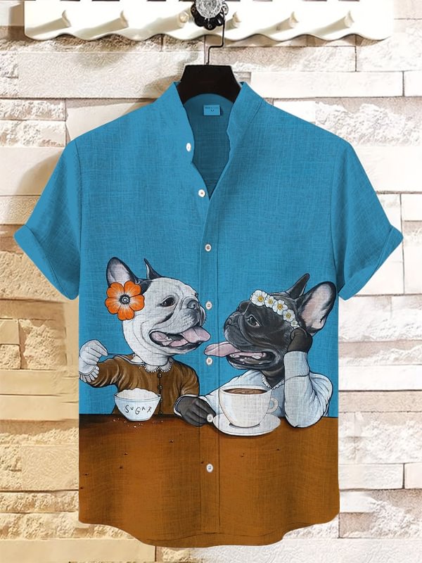 Men's French Bulldogs Cafe And Sugar Art Print Linen Blend Shirt