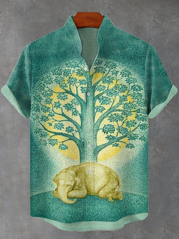 Men's Boho Elephant Tree of Wisdom Spiritual Art Linen Blend Shirt