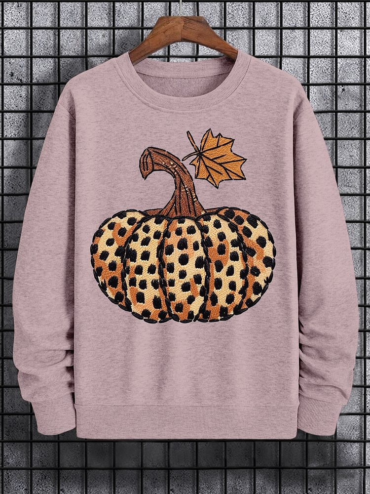 Men's Pumpkin Leopard Embroidery Print Cotton Casual Sweatshirt