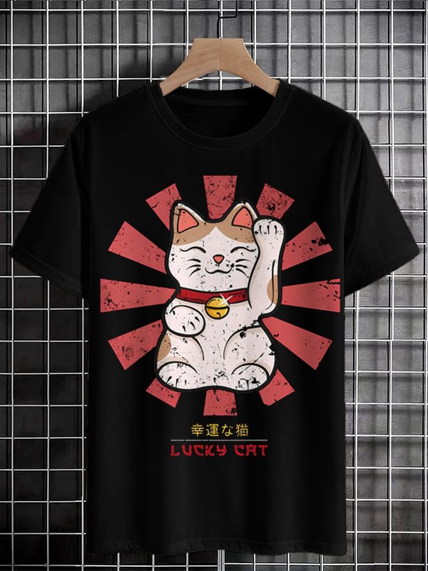 Men's Lucky Cat Japanese Art Graphic Print T-Shirt