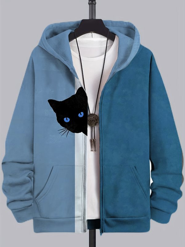 Men's Fun Hide And Seek Black Cat Print Hooded Zip Up Jacket