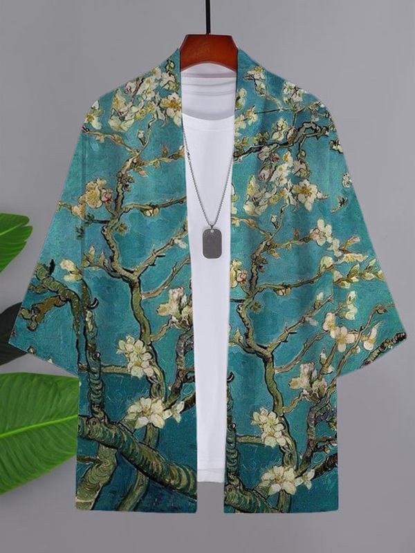 Men's Floral Blossom Van Gogh Art Print Casual Kimono Cardigan